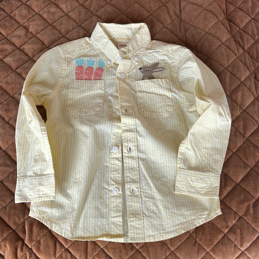 Gymboree Yellow Striped Button Down Shirt with Bunny and Carrot